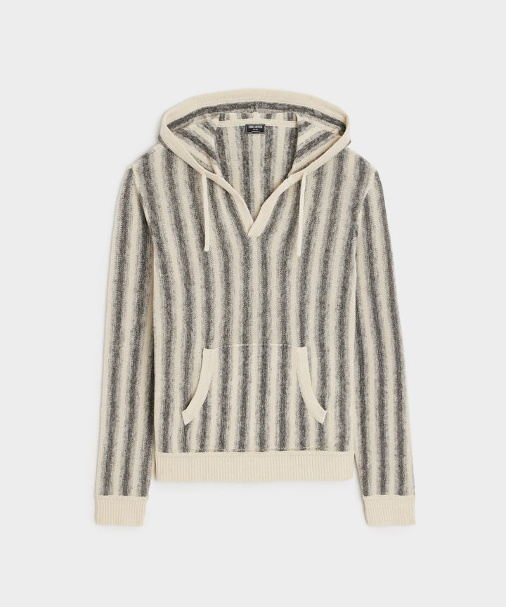 Linen-Cotton Stripe Popover Hoodie in Silver Mist