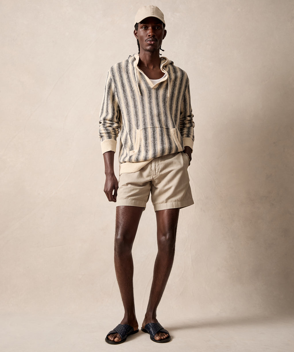 Linen-Cotton Stripe Popover Hoodie in Silver Mist