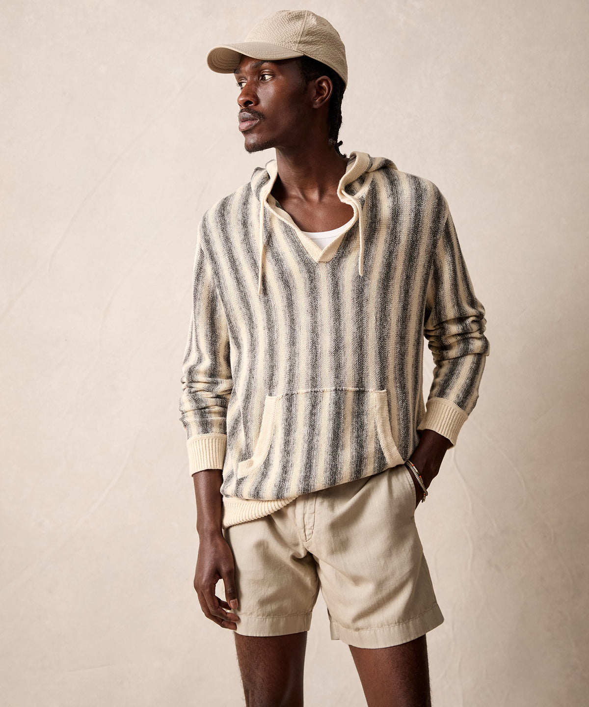 Linen-Cotton Stripe Popover Hoodie in Silver Mist