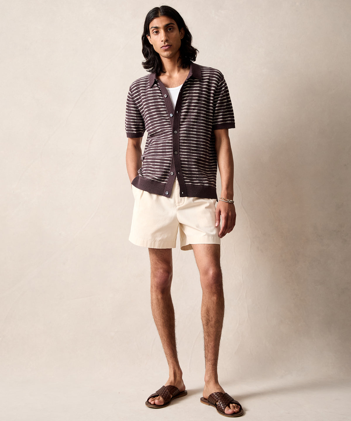 Wave Stripe Full-Placket Polo in Umber