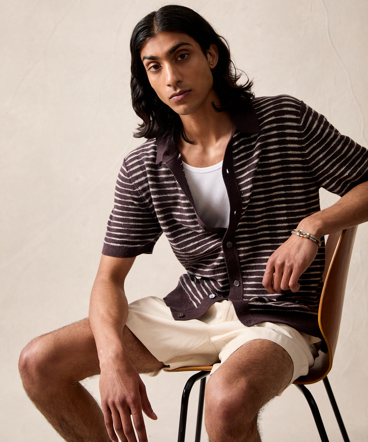 Wave Stripe Full-Placket Polo in Umber