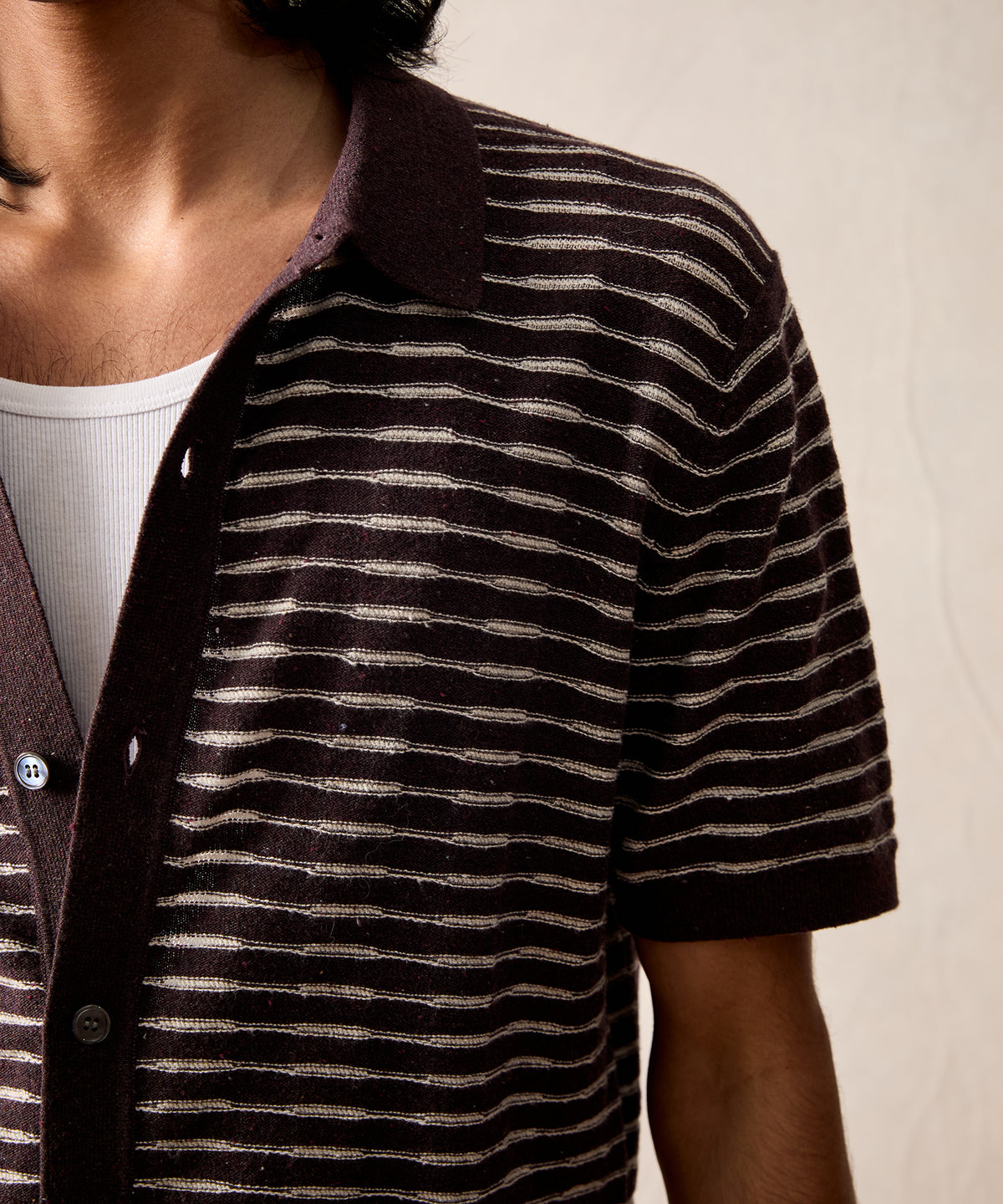 Wave Stripe Full-Placket Polo in Umber