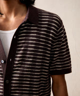 Wave Stripe Full-Placket Polo in Umber