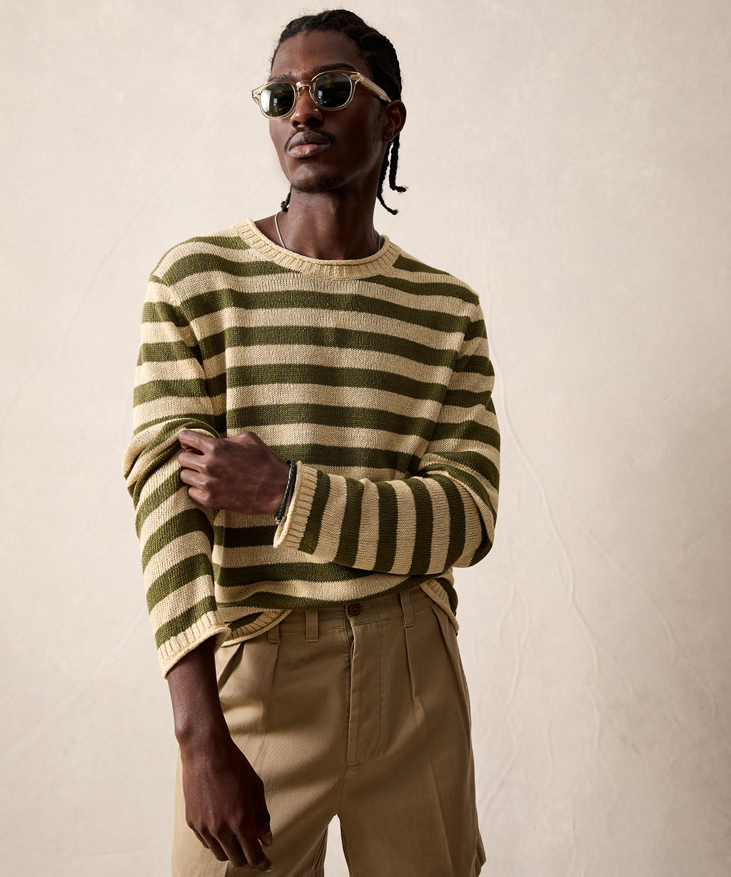 Linen Striped Crewneck in Olive