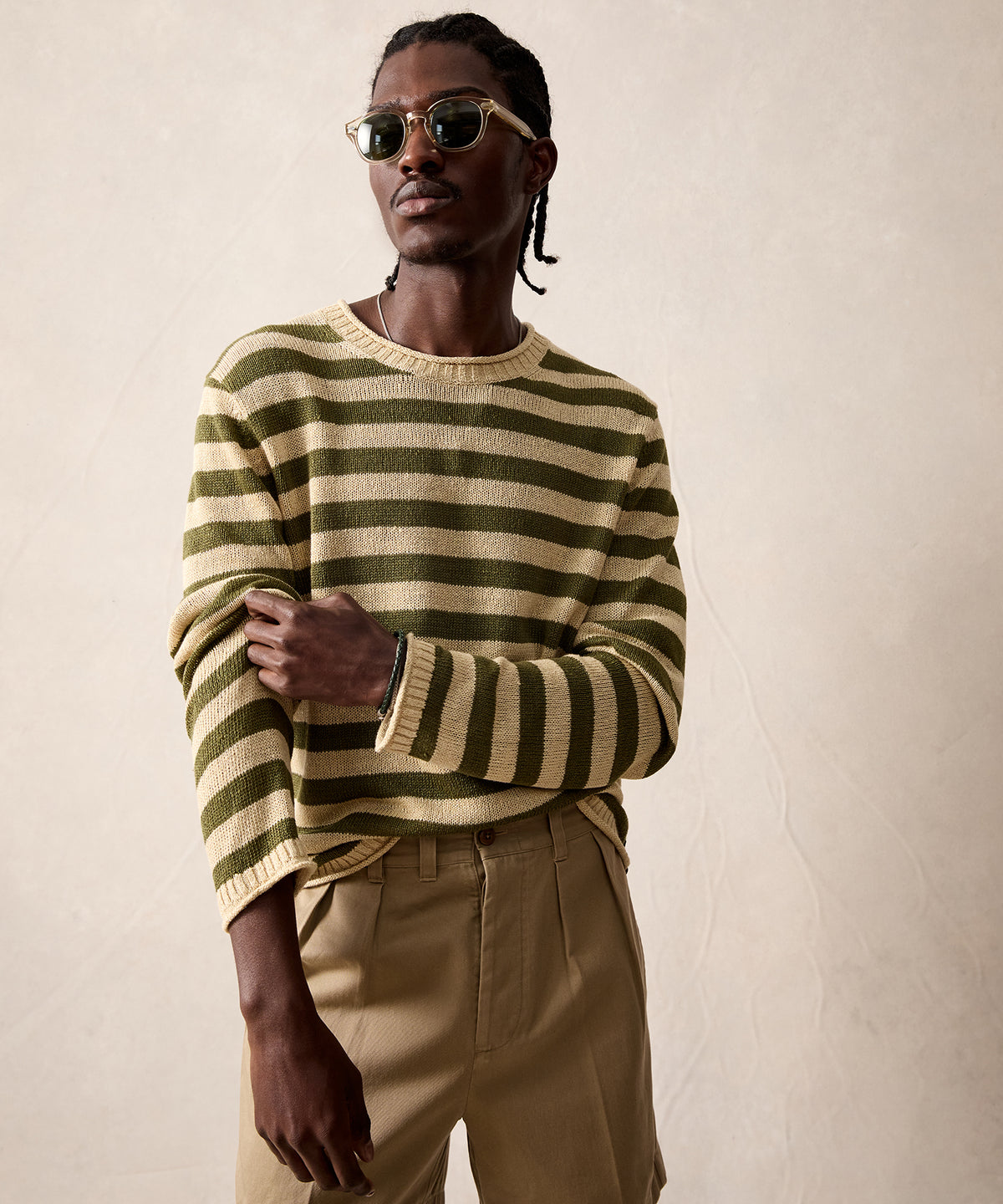 Linen Striped Crewneck in Olive