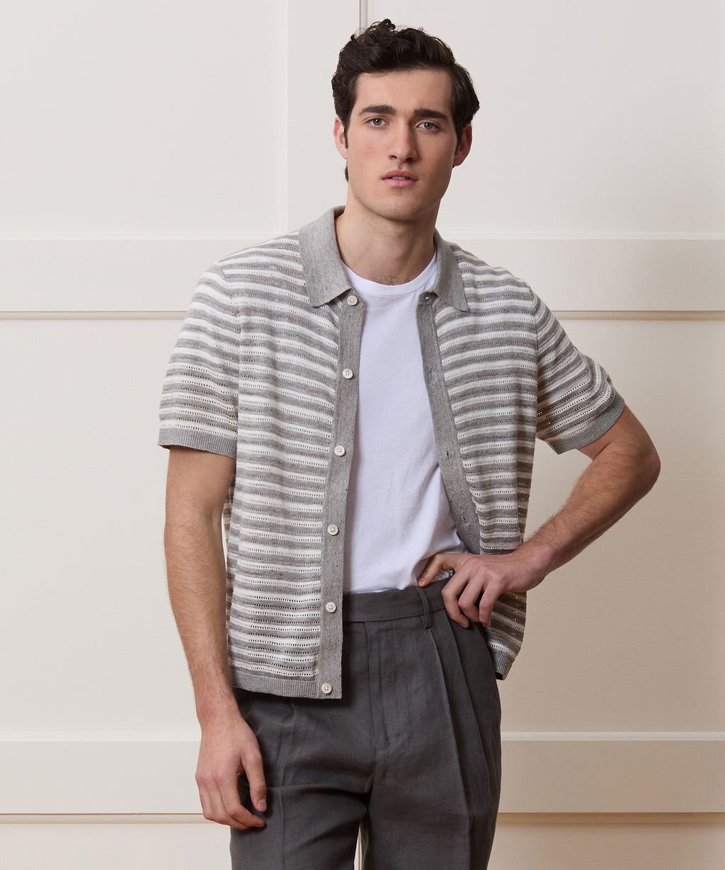 Cropped Pointelle Linen Sweater Polo