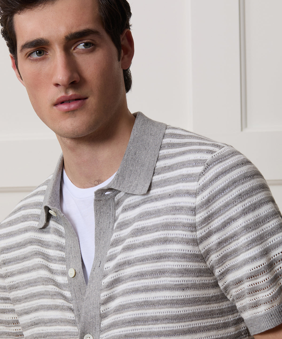 Cropped Pointelle Linen Sweater Polo