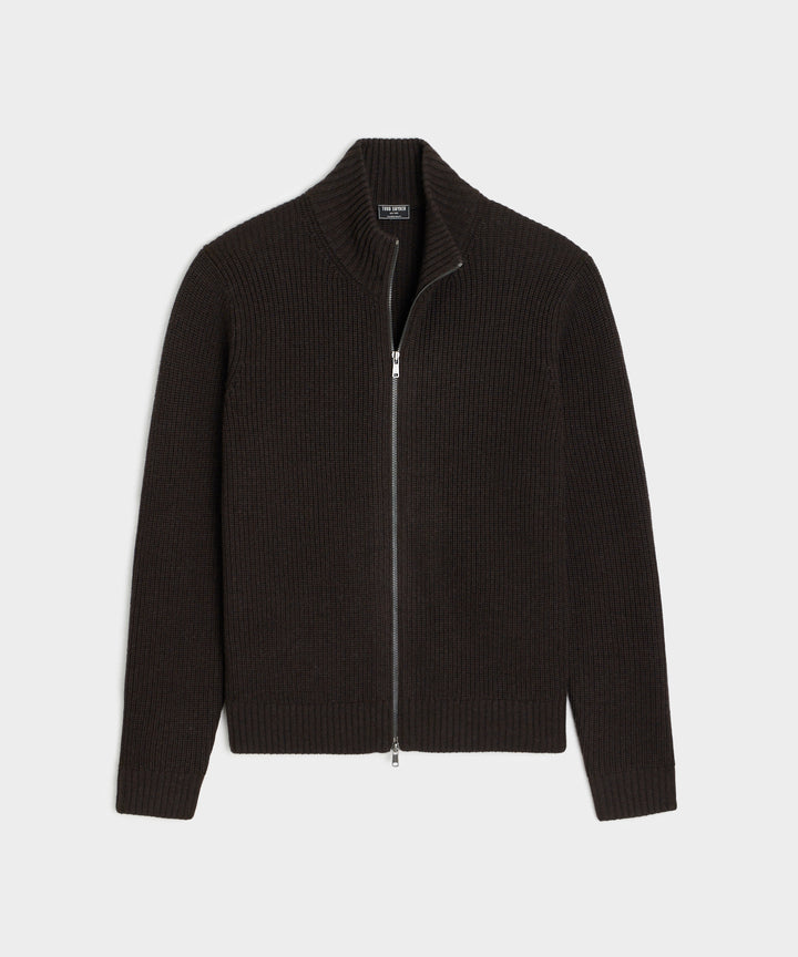 MERINO FULL ZIP SWEATER-Brown