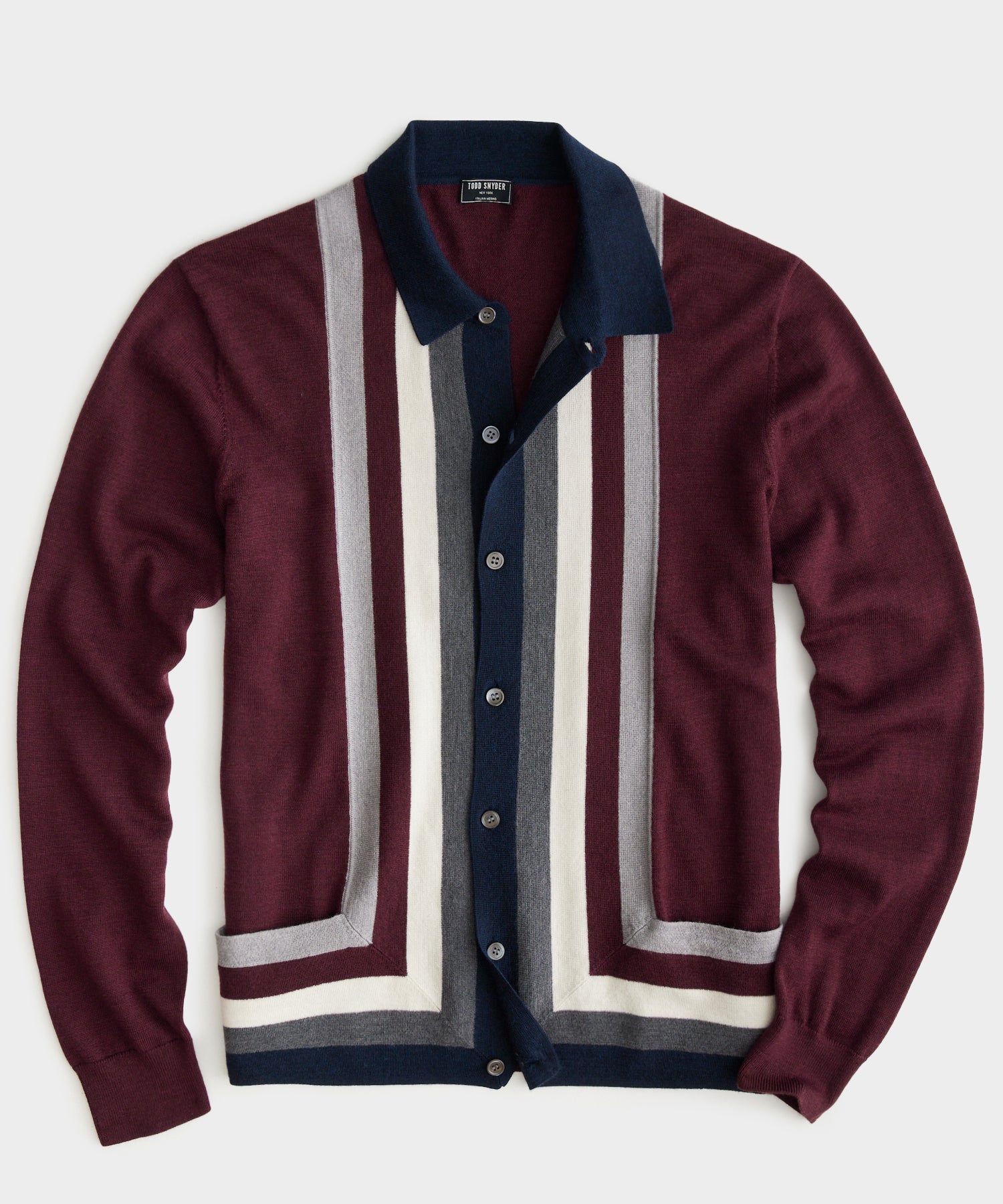 Long Sleeve Full Placket Stripe Sweater Polo in Maroon