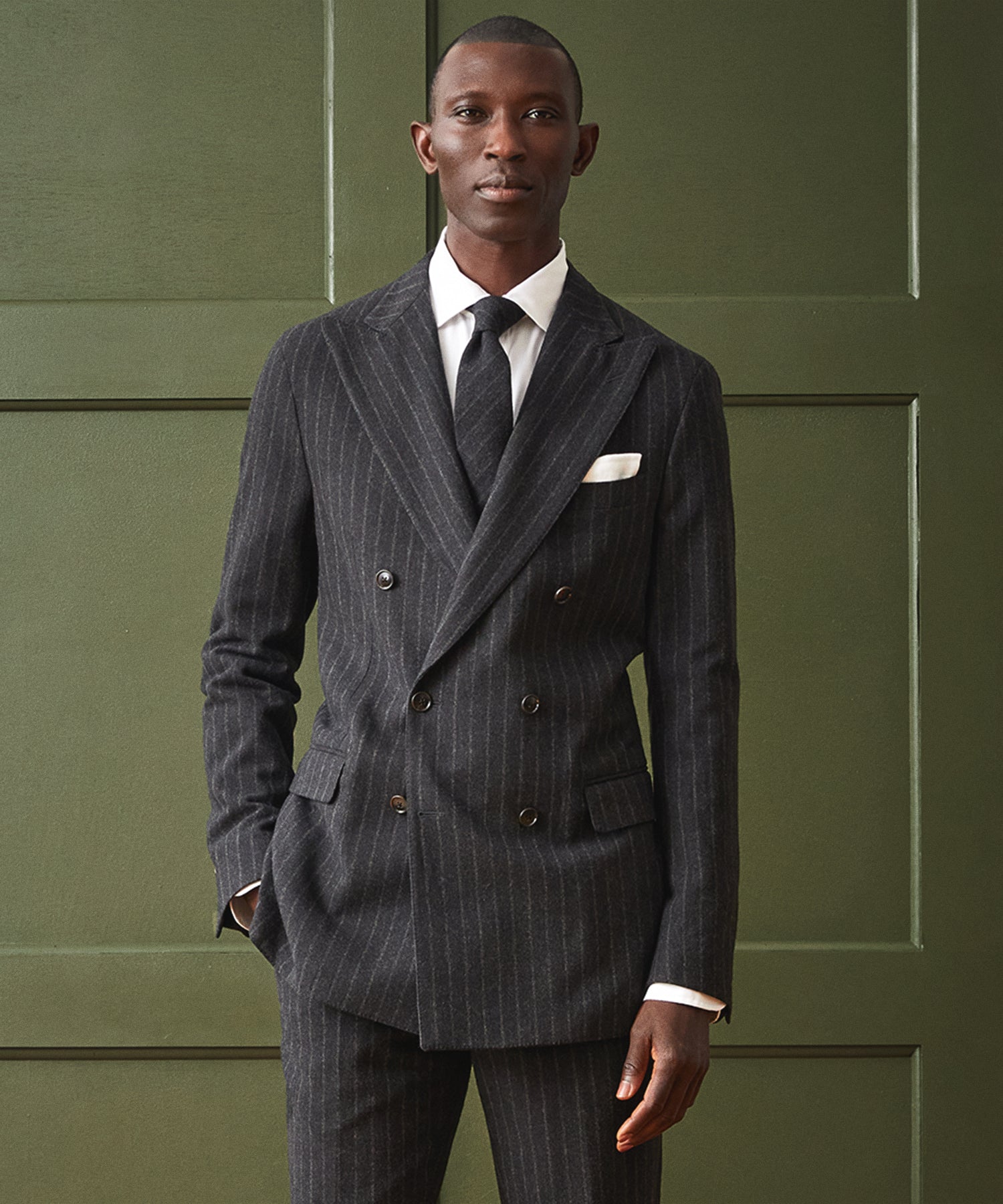 Italian Double-Breasted Sutton Suit in Charcoal Pinstripe