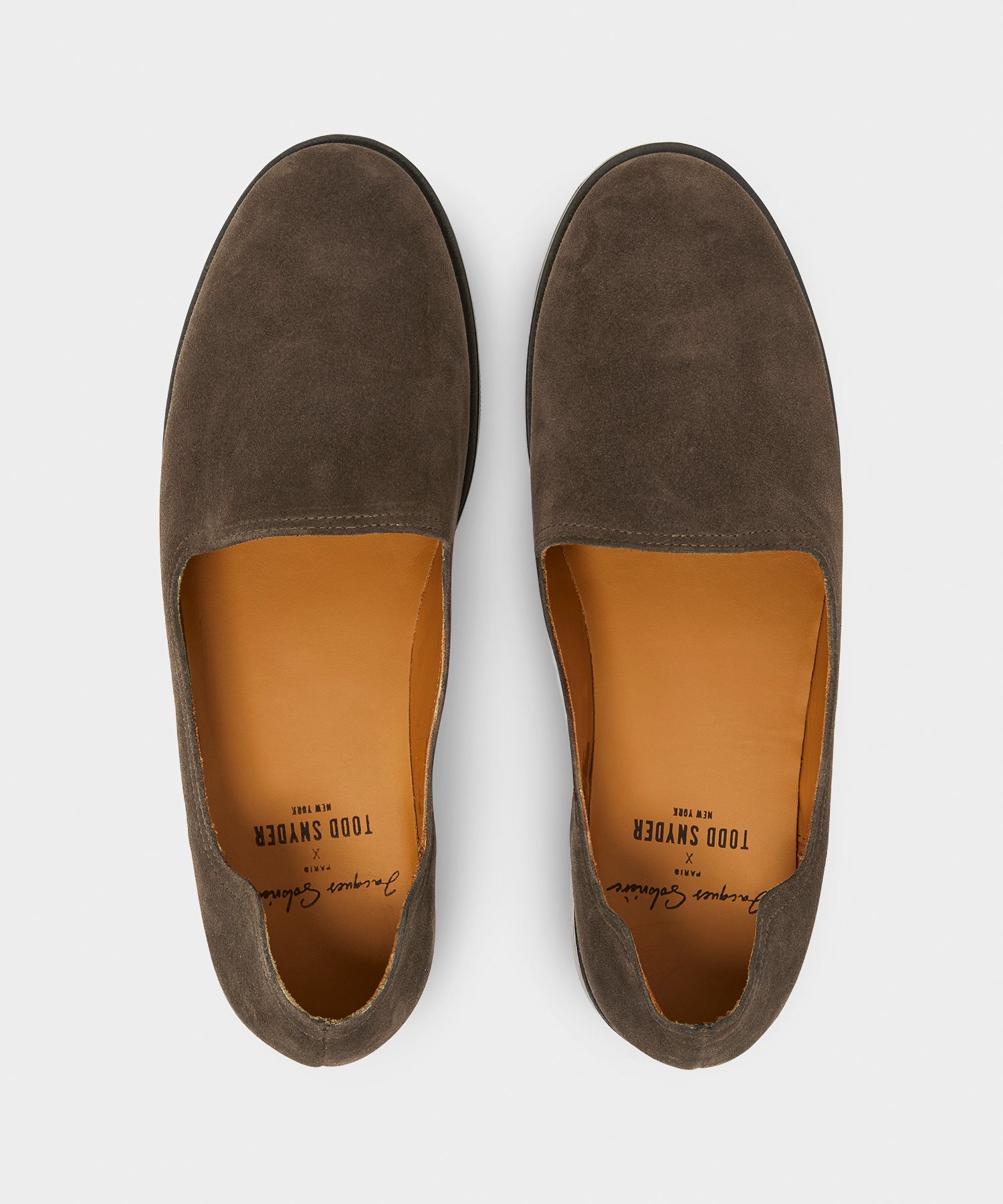 Todd Snyder x Jacques Solovière Suede Slippers in Olive Brown