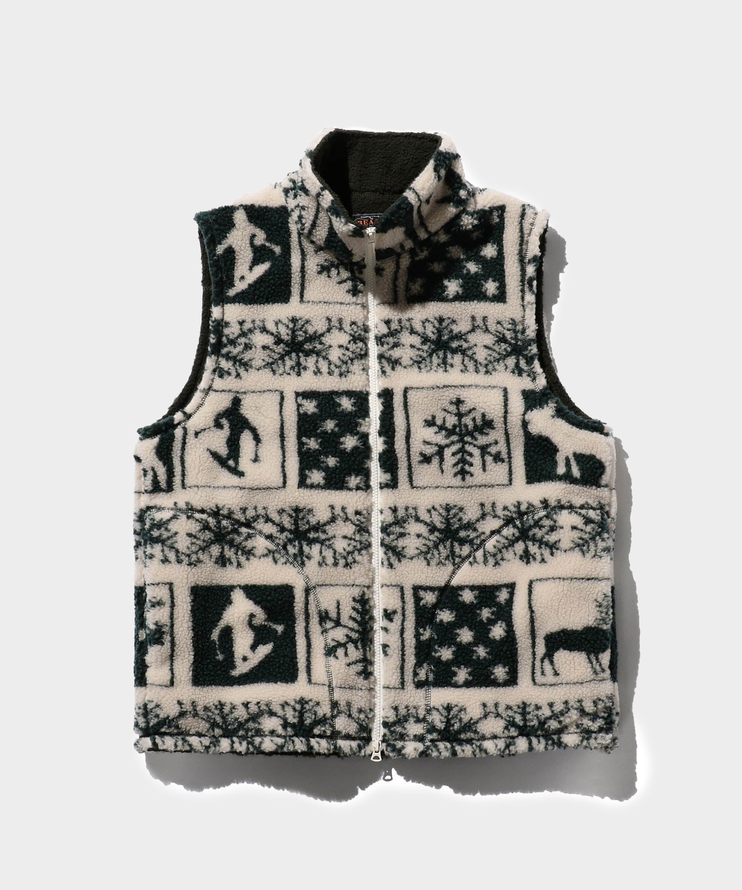 BEAMS+ Stand Collar Zip Vest Jacquard Boa in Snow