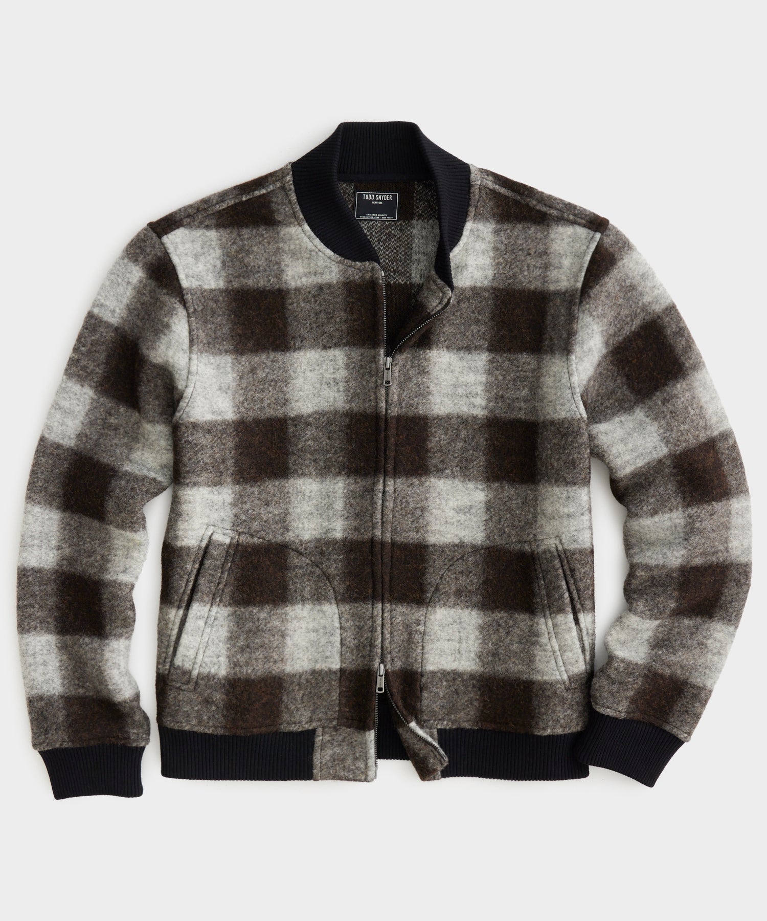 Brushed Buffalo Check Zip Bomber Jacket in Espresso Bean
