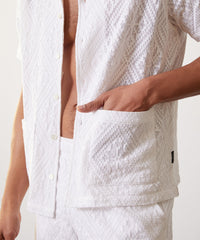 Cotton Jacquard Guayabera Polo Shirt in White