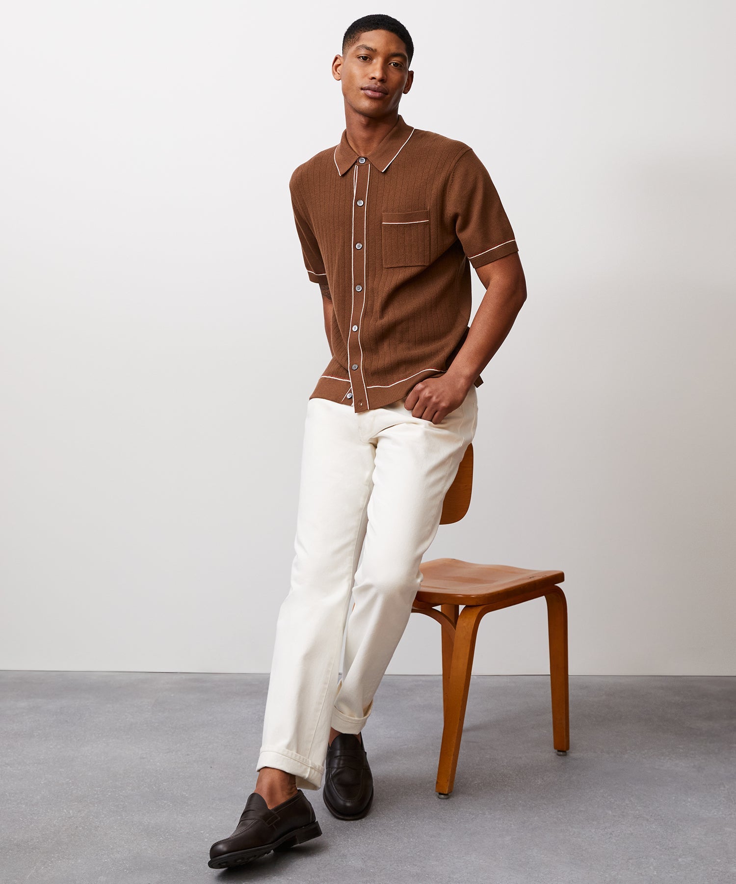 Cotton Silk Short Sleeve Full Placket Riviera Polo in Saddle Brown