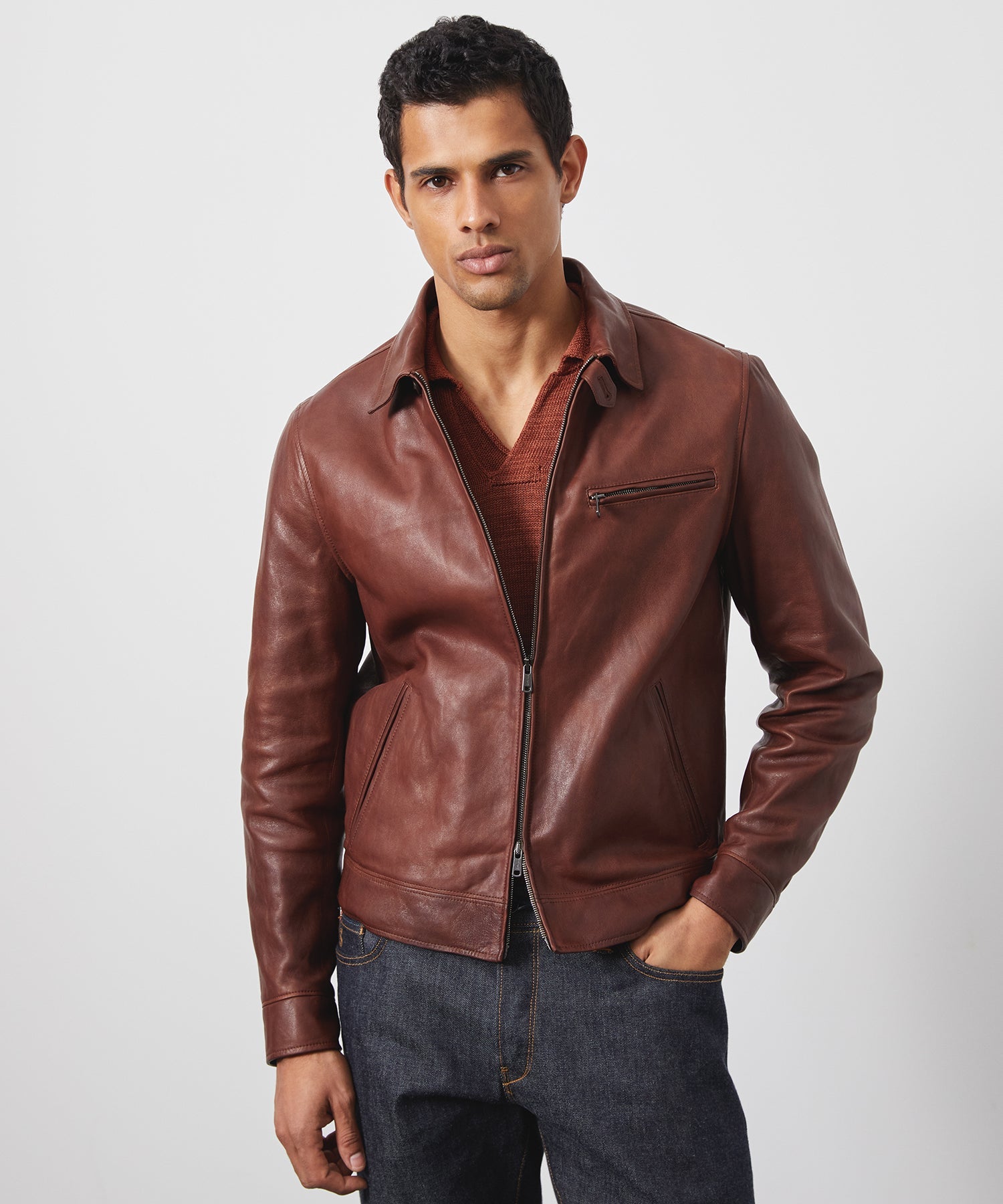 Italian Burnished Leather Dean Jacket in Brown
