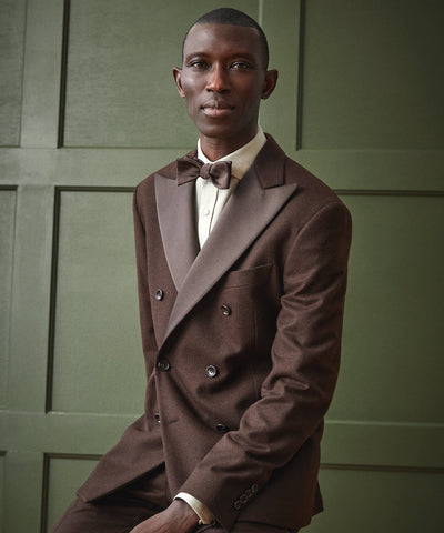 Italian Flannel Double-Breasted Tuxedo Jacket in Chocolate
