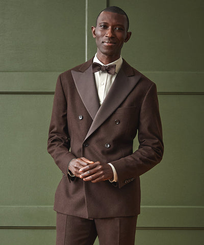Italian Flannel Double-Breasted Tuxedo Jacket in Chocolate