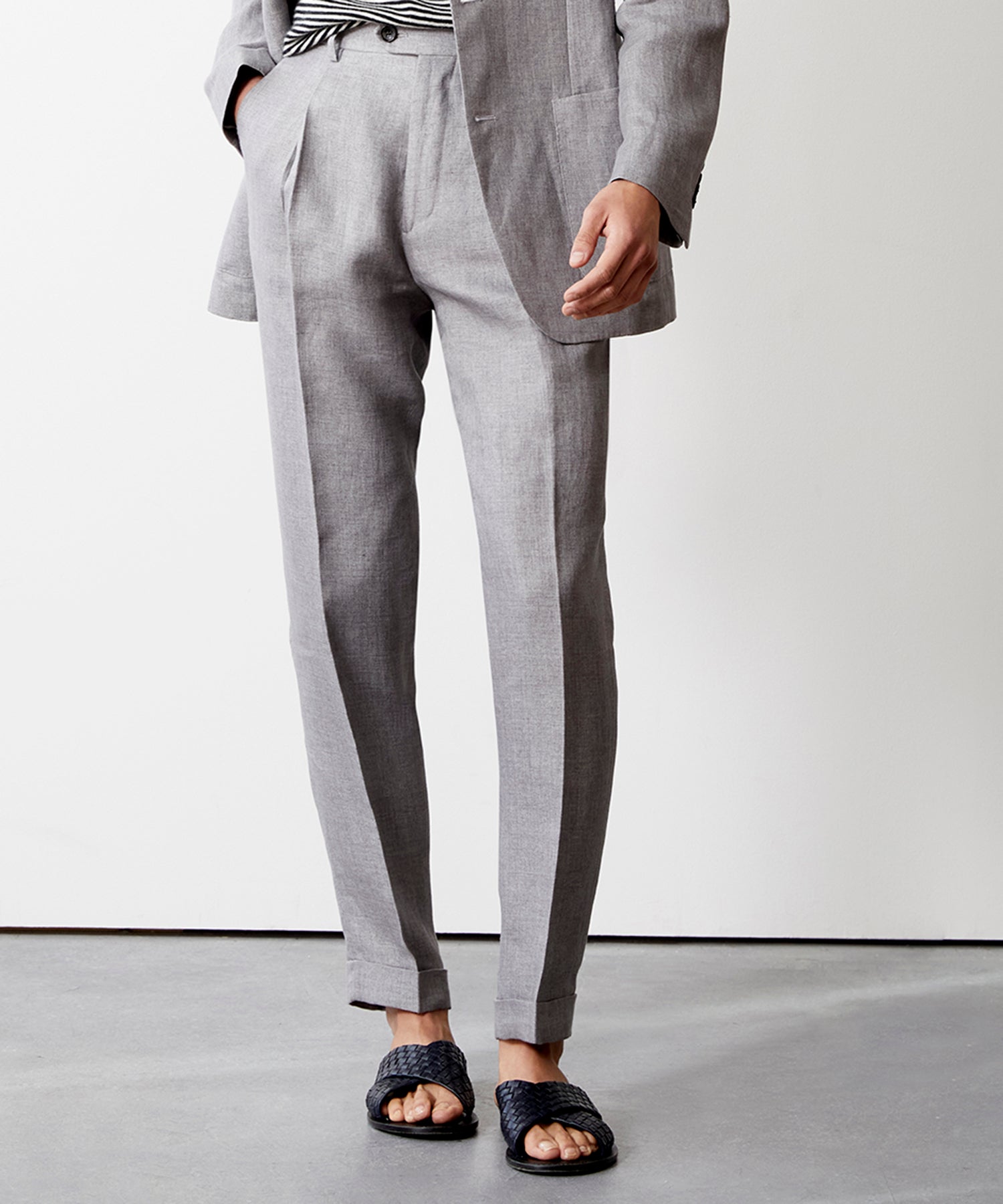 Italian Linen Madison Trouser in Light Grey Herringbone