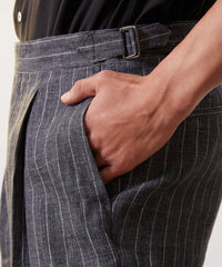 Italian Linen Side Tab Trouser in Charcoal Pinstripe