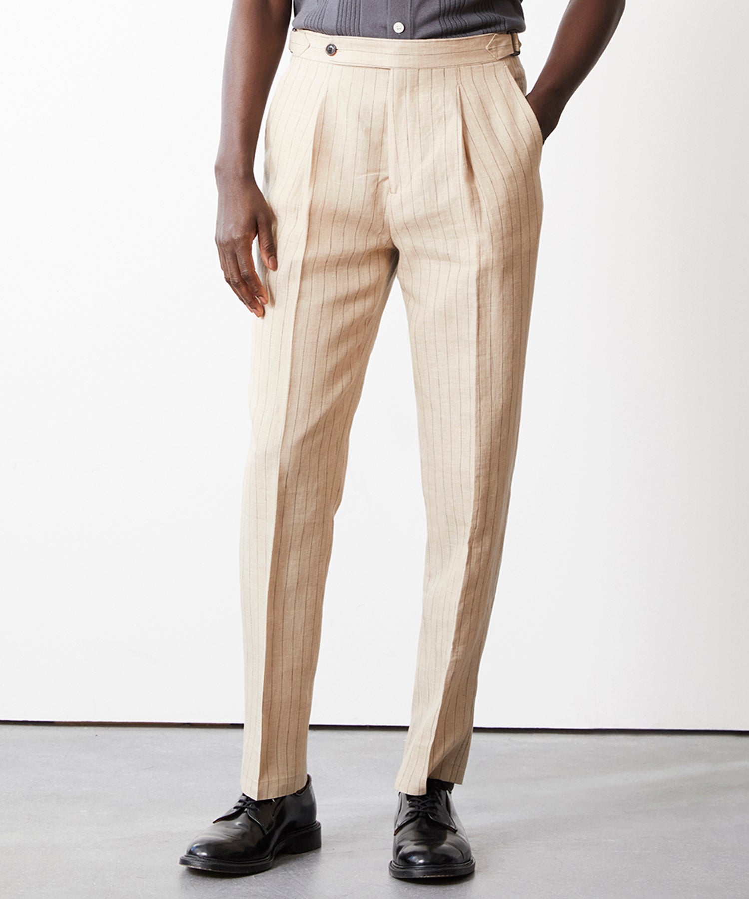 Italian Linen Side Tab Trouser in Ecru Stripe
