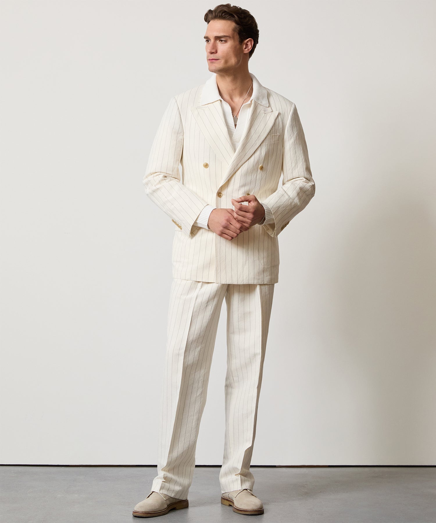 Italian Linen Wythe Jacket in White Pinstripe