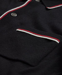 Long Sleeve Merino Tipped Full Placket Polo in Black
