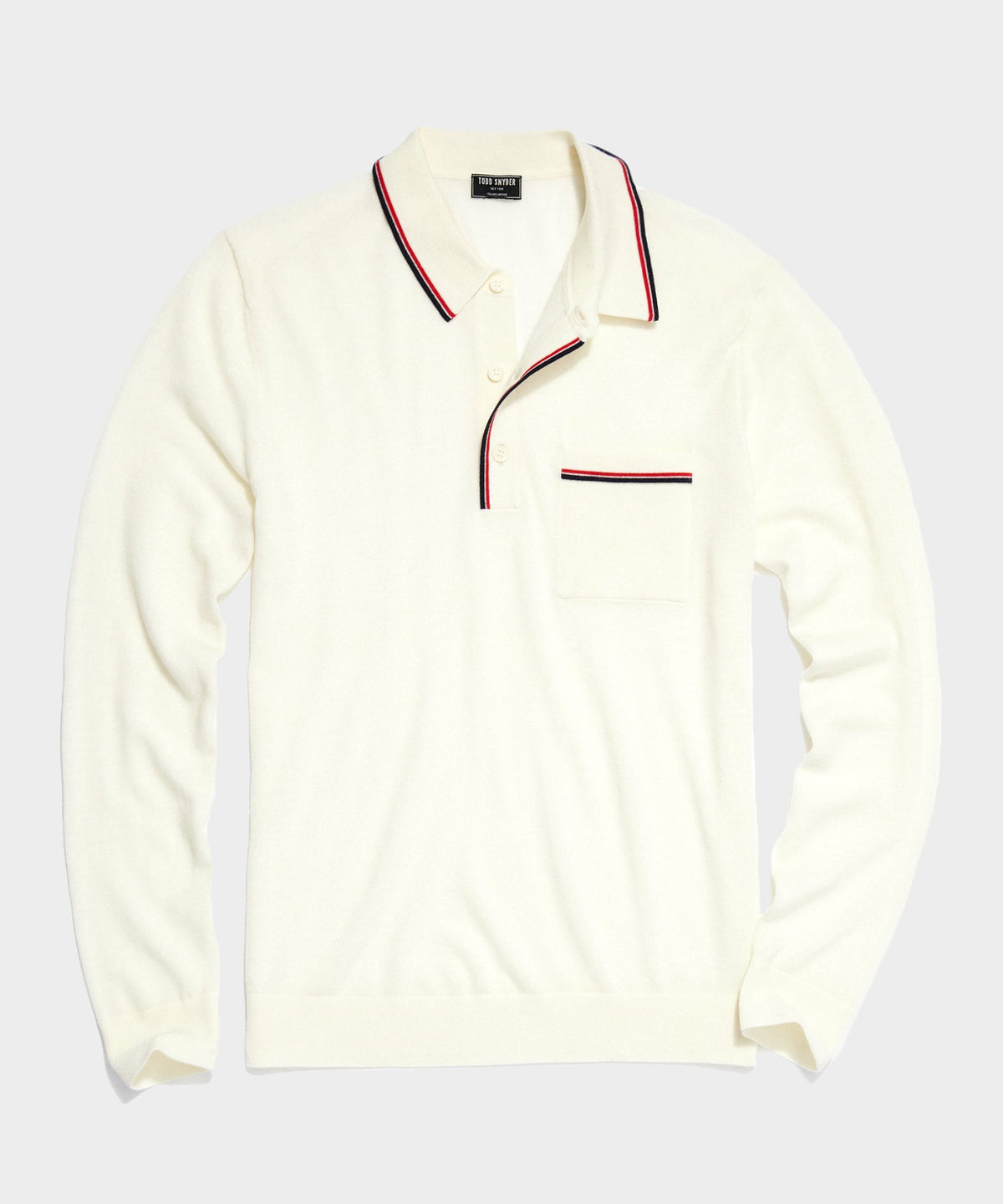 Long-Sleeve Merino Tipped Polo in Antique White