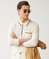 Long-Sleeve Merino Tipped Polo in Antique White