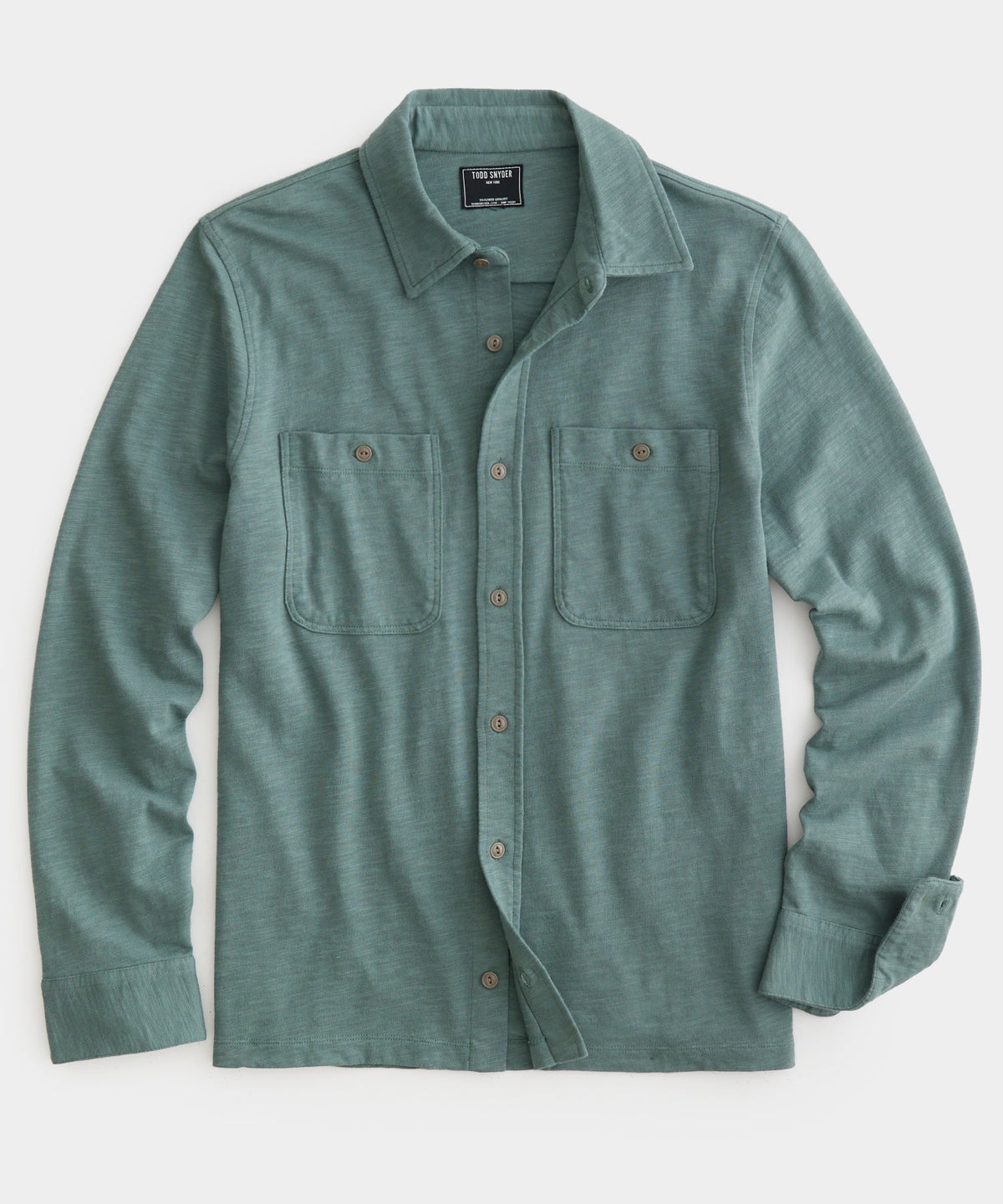 Long-Sleeve Slub Jersey Camp Shirt in Green Pewter