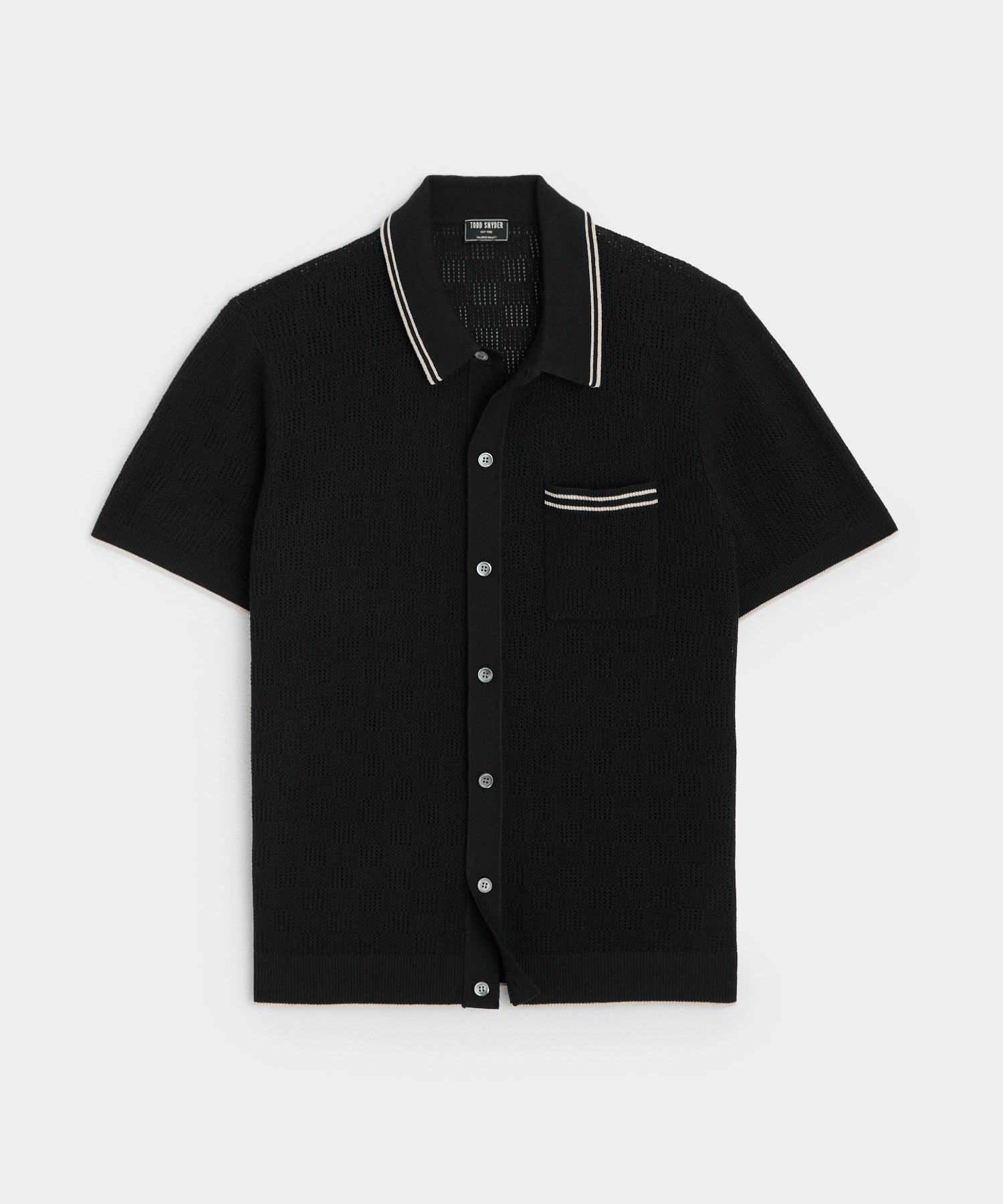 Open-Stitch Full-Placket Polo in Black