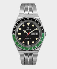 Q Timex Reissue Black Dial with Black/Green Bezel Bracelet Watch