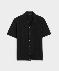 Silk Cotton Ribbed Full Placket Polo in Black