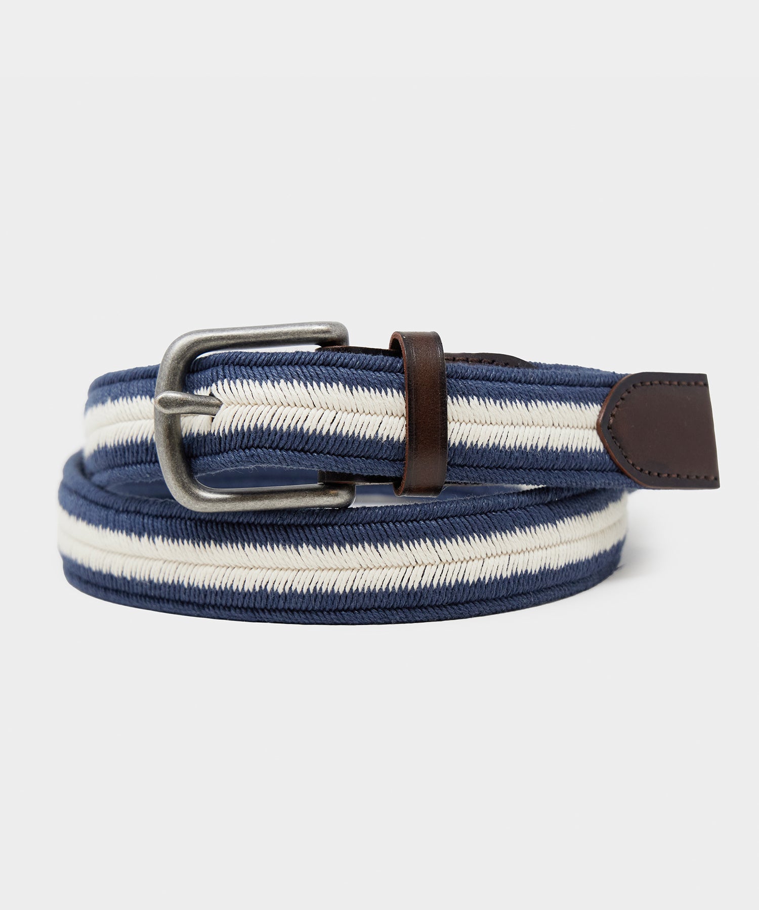 Striped Stretch Cotton Braided Belt in Navy and White Stripe