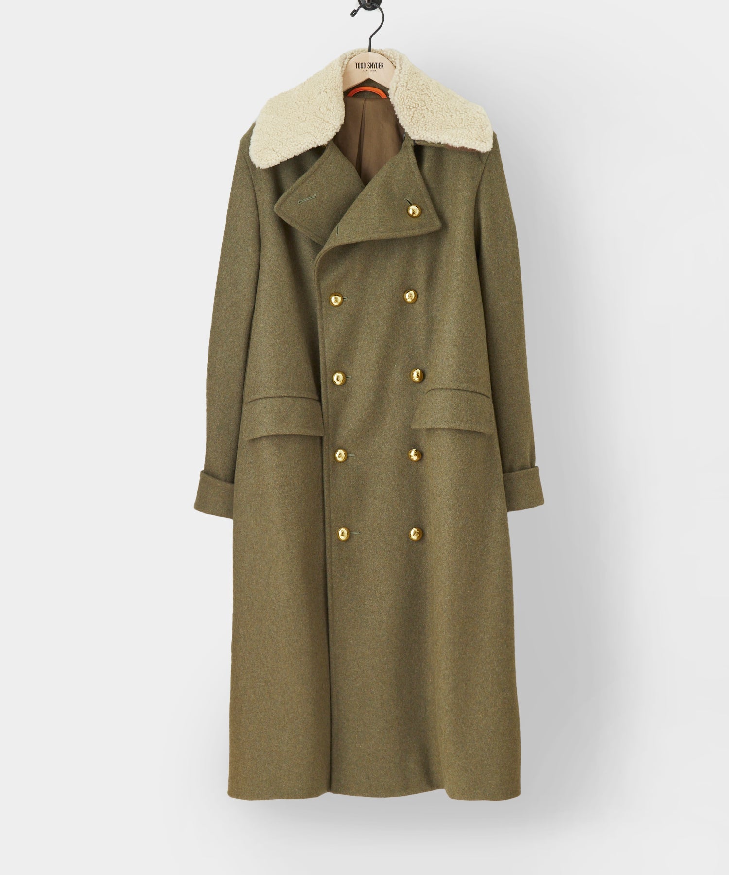 Todd Snyder X Private White DB Great Coat with Removable Shearling Top Collar