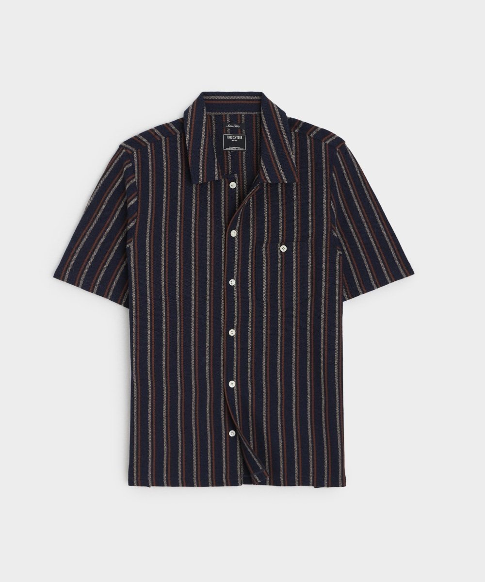 Vertical Stripe Full-Placket Knit Polo in Navy