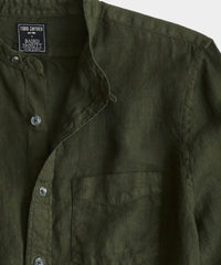 Irish Linen Band Collar Long Sleeve Shirt in Snyder Olive
